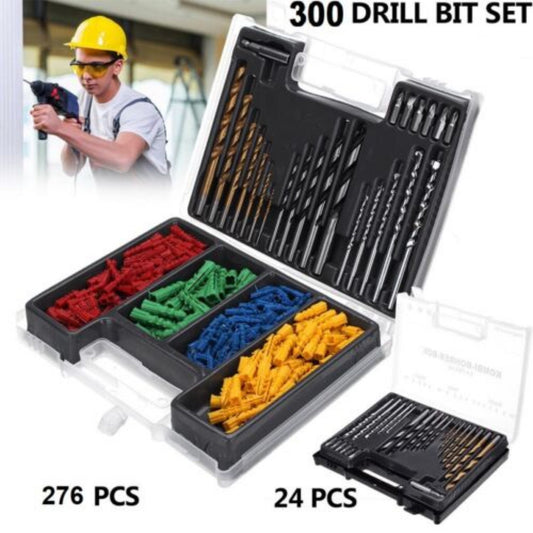 Heavy Duty Drill Bits Masonry Wood Metal Material & Wall Plug Set - 300 Pieces Multi-Surface Bit Set With Box