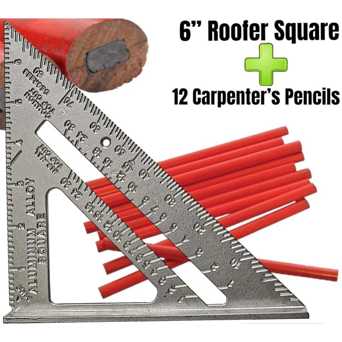 6'' New Aluminium Speed Square Roofing Rafter Triangle Angle Guide with 12 Carpenter Pencils