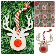 9x Christmas Wooden Rustic Red Nose Hanging Reindeer Tree Decoration - Perfect Christmas Decor