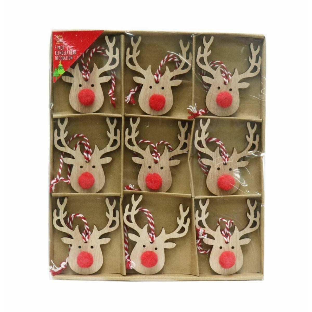 9x Christmas Wooden Rustic Red Nose Hanging Reindeer Tree Decoration - Perfect Christmas Decor