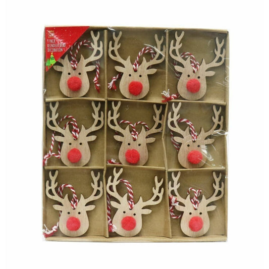 9x Christmas Wooden Rustic Red Nose Hanging Reindeer Tree Decoration - Perfect Christmas Decor