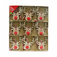 9x Christmas Wooden Rustic Red Nose Hanging Reindeer Tree Decoration - Perfect Christmas Decor