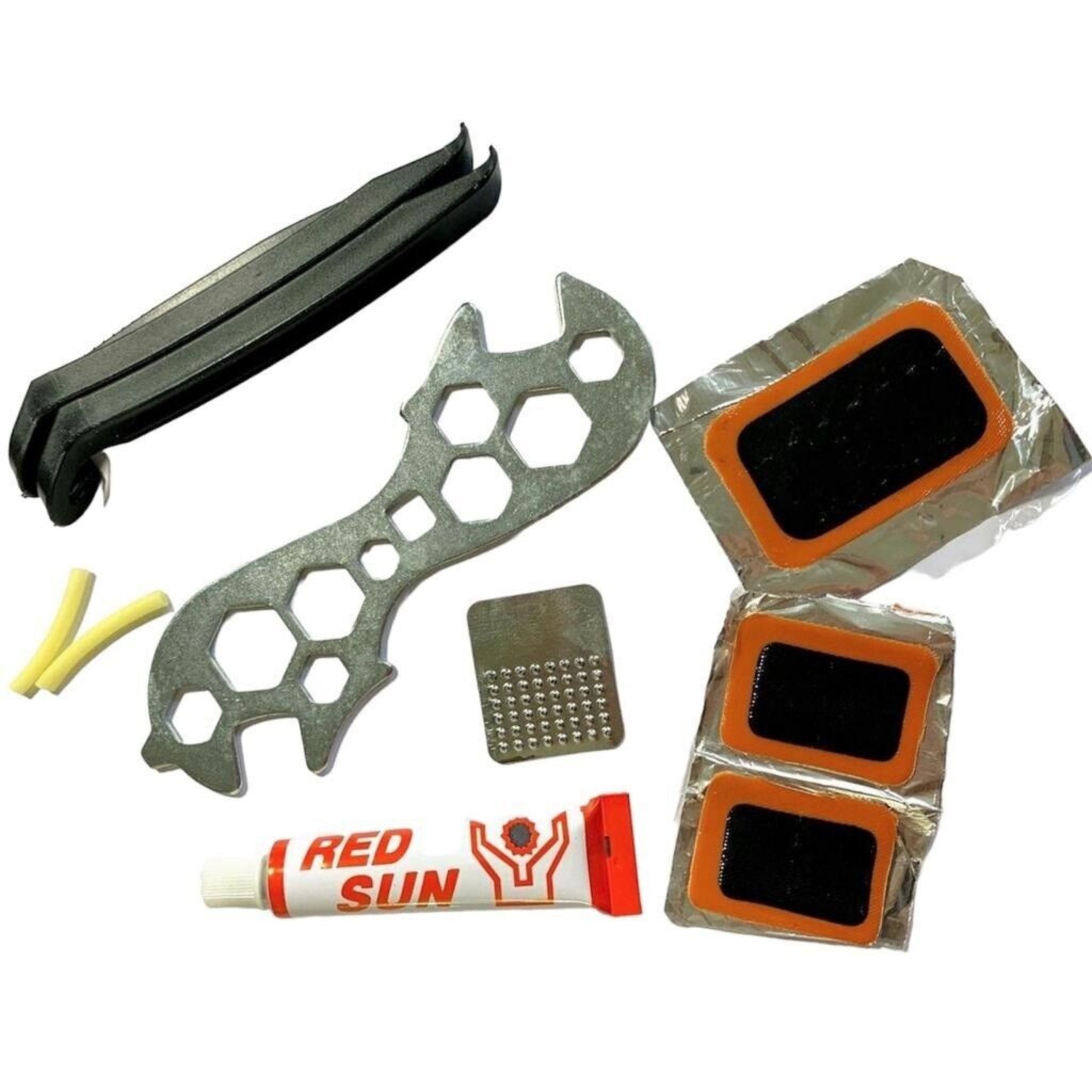 DK 10-Piece Bicycle Tyre Repair Kit – Patches, Glue, Abrasion Tool, Spanner – MPN 51110