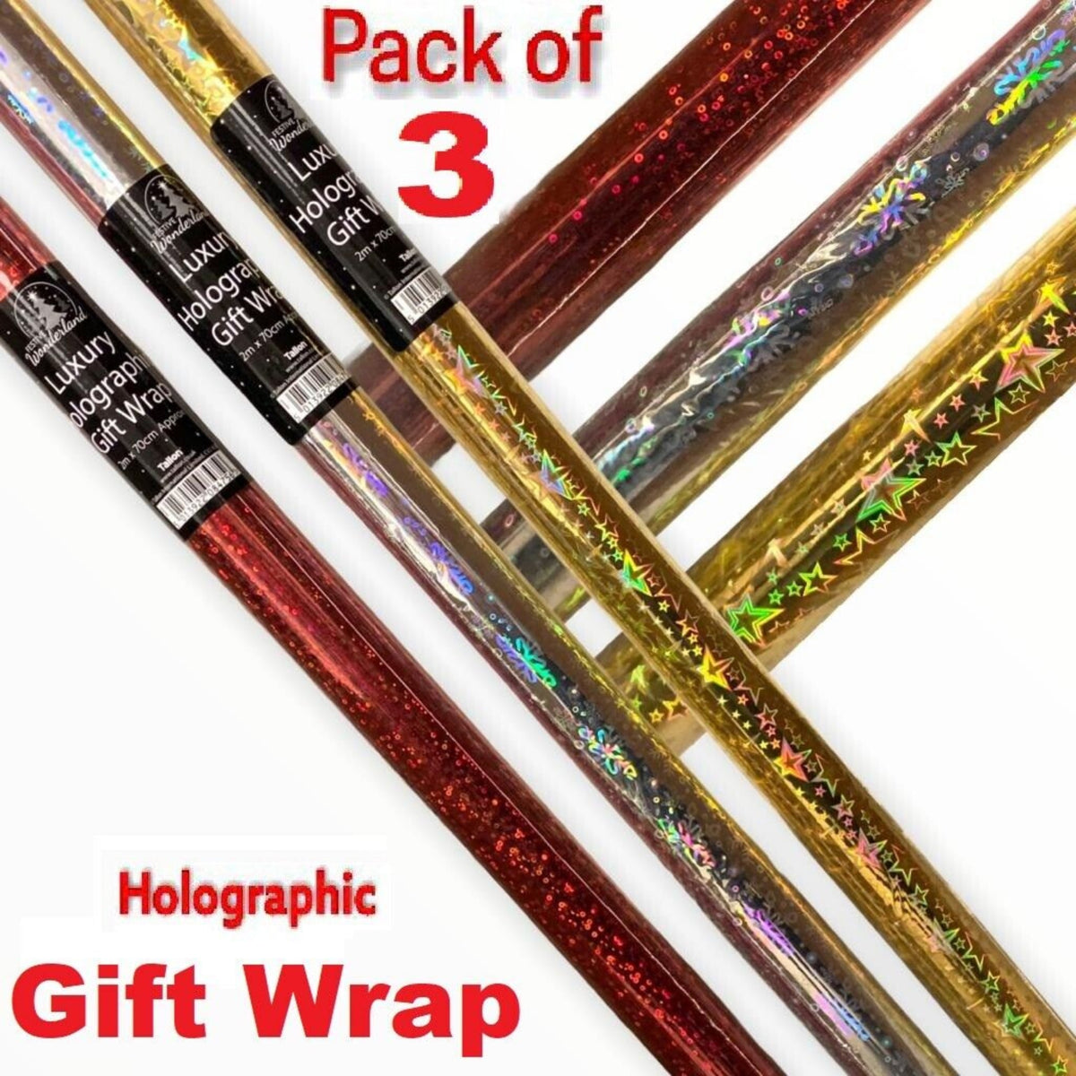 Pack of 3 Christmas Holographic Gift Wrap Rolls - Perfect Foil for Party Gifts