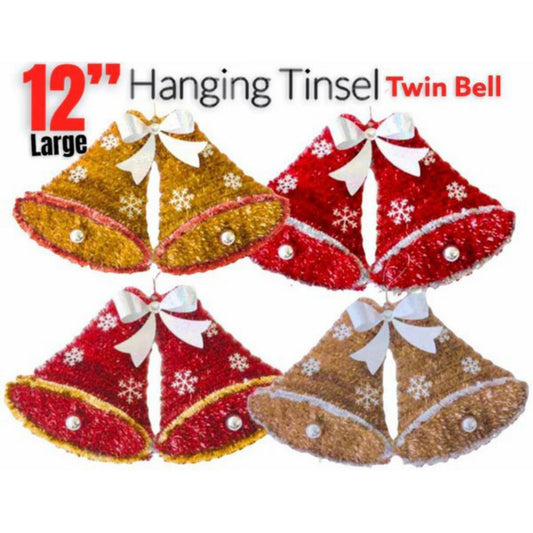 12" Large Luxury Christmas/Xmas Twin Hanging Bells With Assorted Colors And Tinsel Decoration For Party Decor