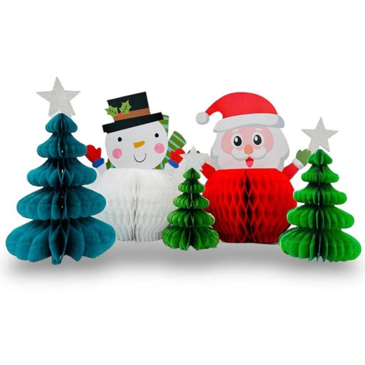 5 Piece Christmas Honeycomb Paper Tree, Santa & Snowman Tablescape Decorations - Perfect for Christmas Party Hanging Decor