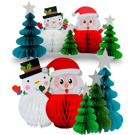 5 Piece Christmas Honeycomb Paper Tree, Santa & Snowman Tablescape Decorations - Perfect for Christmas Party Hanging Decor