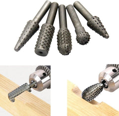 5 Piece Rotary Burr Set - Wood Carving Files, Rasp Drill Bits, Large Ball & Oval Shapes