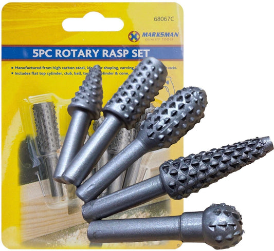 5 Piece Rotary Burr Set - Wood Carving Files, Rasp Drill Bits, Large Ball & Oval Shapes