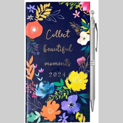 2024 Slim Week To View/WTV Personal Diary Vintage Floral And Butterflies Print Cover With Pen Gift Set