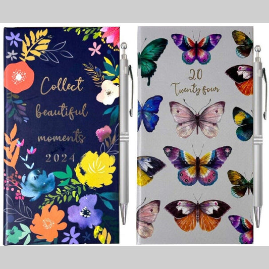 2024 Slim Week To View/WTV Personal Diary Vintage Floral And Butterflies Print Cover With Pen Gift Set