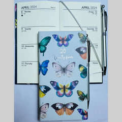 2024 Slim Week To View/WTV Personal Diary Vintage Floral And Butterflies Print Cover With Pen Gift Set