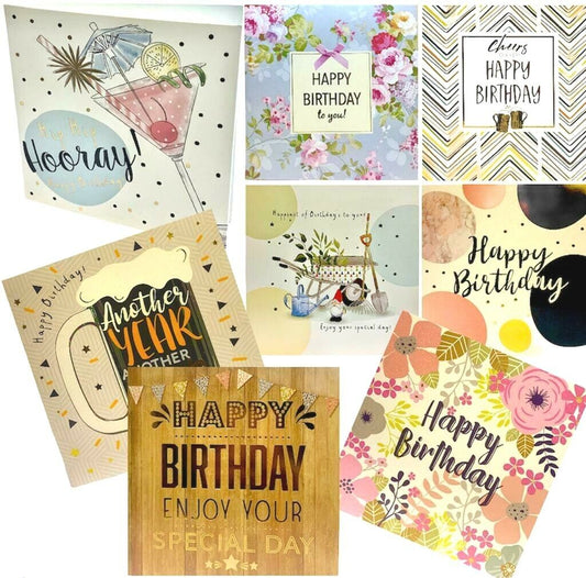 Pack of 8 Mixed Assorted Happy Birthday Cards for Adults - Greeting Cards for Mum & Dad